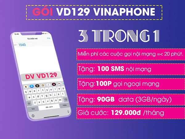 Gói cước VD129 Vinaphone ưu đãi 90GB data và hàng triệu phút gọi